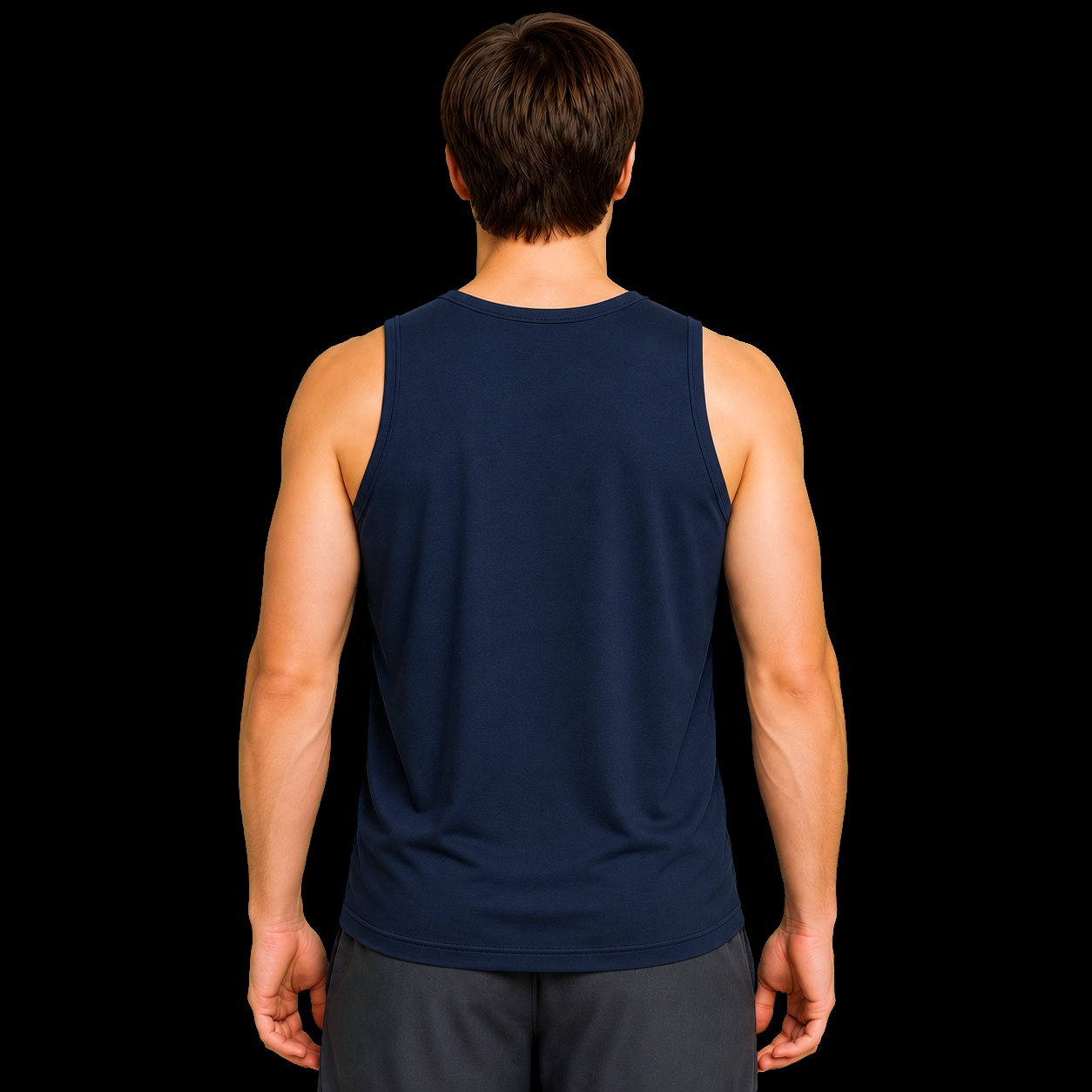 Regata masculina cristã dry-fit navy com o versículo Tudo Posso — IDE 16:15