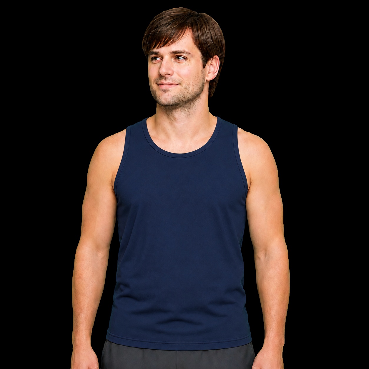 Regata masculina cristã dry-fit navy com o versículo Tudo Posso — IDE 16:15